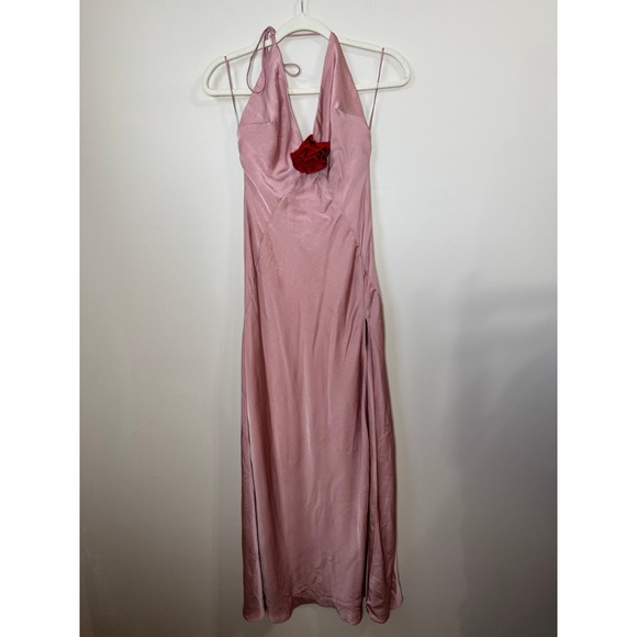 Bardot Aradia Pink Silk Halter Neck Maxi Dress Red Rose Accent - Picture 4 of 9